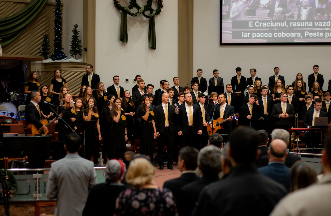 The choir and orchestra leading worship in the sanctuary